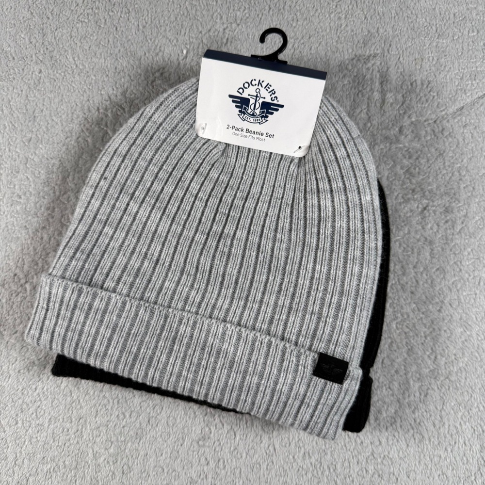 Dockers Beanie Set Mens OS Grey Black 2-Pack Sherpa Lined Ribbed Knit Hats